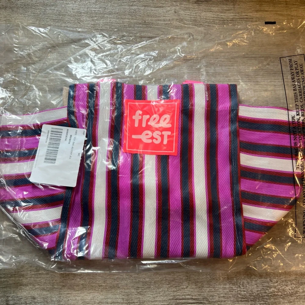 Free People free-est Boho Striped Beach Tote Bag Pink Blue OS - Picture 2 of 7